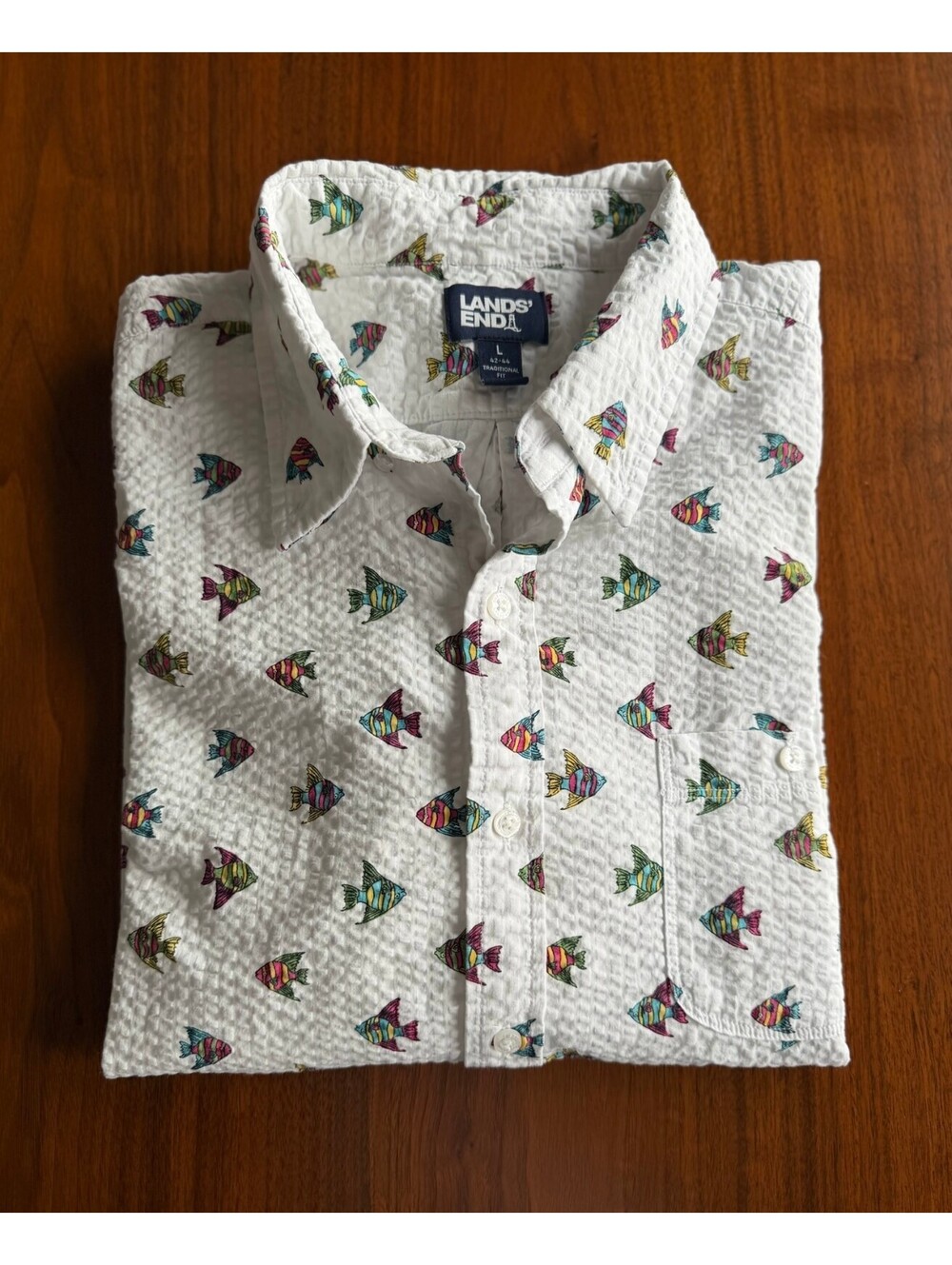 Lands' End Men's Short Sleeve Button-Up Shirt w/Colorful Fish Print - Size L